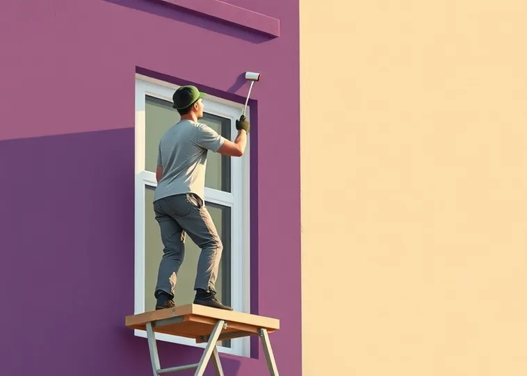 Peintre sur échafaudage traitant la façade d'une maison