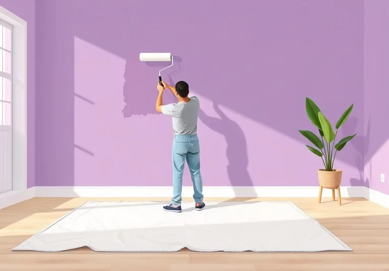 Peintre appliquant la peinture au rouleau sur un mur de salon
